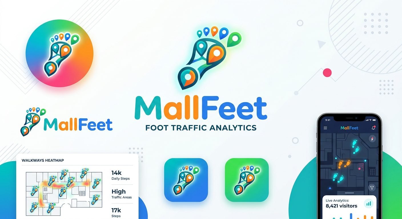 MallFeet brand board — pin-footprint logo, heatmap dashboard and app